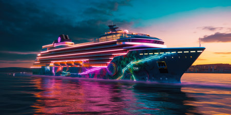 Cruise ship in the sea at sunset.の素材