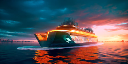 Cruise ship in the sea at sunset.の素材