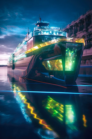 Cruise ship in the port at night with reflection on the waterの素材
