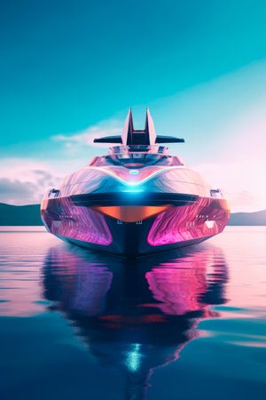 3d rendering of a futuristic ship in the sea at sunset.の素材