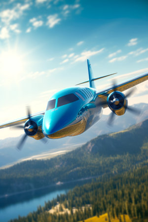 Airplane in the blue sky over the mountains.の素材