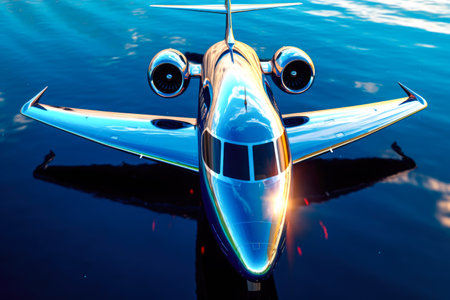 Futuristic airplane on the water surface.の素材