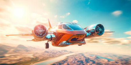 Futuristic airplane flying in the blue sky.の素材