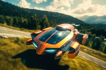 a flying car in the mountains. Flying car concept.の素材