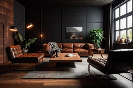 Interior of modern living room with brown leather sofa and black wallsの素材