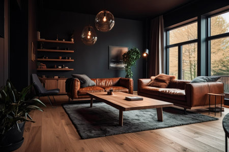 Interior of modern living room with brown sofa and wooden coffee tableの素材