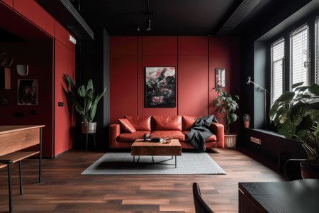 Interior of modern living room with red walls, wooden floor, red sofa and armchair.の素材