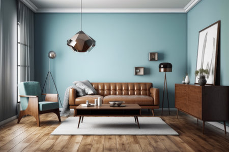 Interior of modern living room with blue walls, wooden floor, brown leather sofa and coffee table.の素材