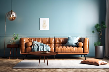 Interior of modern living room with brown leather sofaの素材