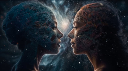 Double exposure portrait of two women, man and woman in love.の素材