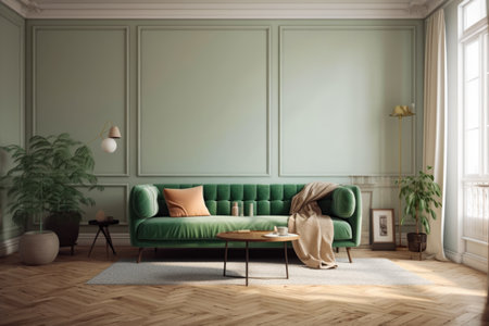 Interior of classic living room with green sofa and coffee table.の素材