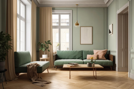 Living room interior with green sofa and coffee table.の素材