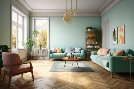 Interior of living room with green sofa and coffee table.の素材