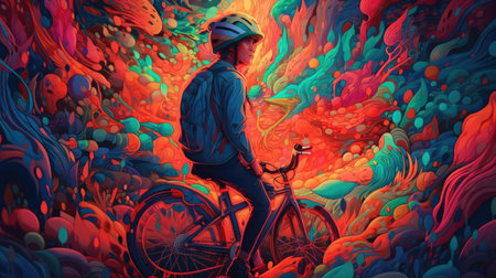 Cyclist rides on a bicycle in a colorful abstract background.の素材