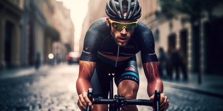 Cyclist riding a bicycle on cobblestone street in Rome, Italyの素材