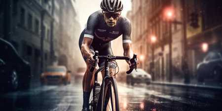 Cyclist riding a bicycle on a wet street. mixed mediaの素材
