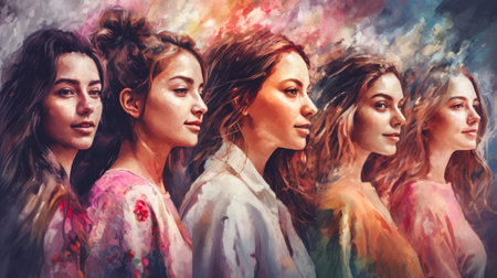 Group of young beautiful girls in colorful clothes. colorful background.の素材