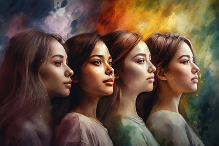 Portrait of three beautiful women with long hair and bright makeup.の素材