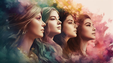 Portrait of three beautiful young women with colorful hair. Beauty, fashion.の素材