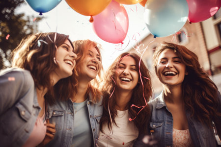 Beautiful young women are having fun and smiling while celebrating birthday outdoorsの素材