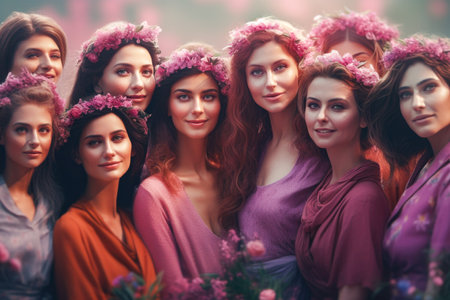 Group of beautiful women with flowers in their hair. selective focus.の素材