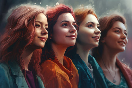 Portrait of a group of beautiful women on the background of the cityの素材