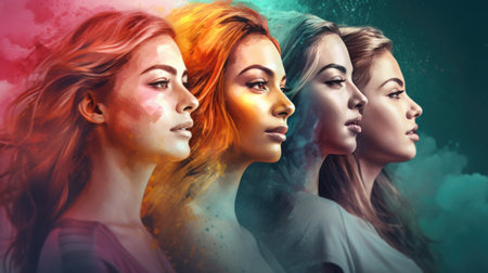 Portrait of three beautiful women with red hair and colorful makeup.の素材