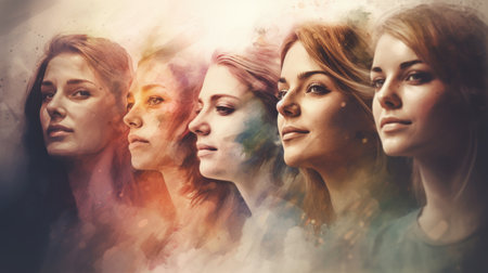 Portrait of a group of beautiful young women with smoke in the backgroundの素材