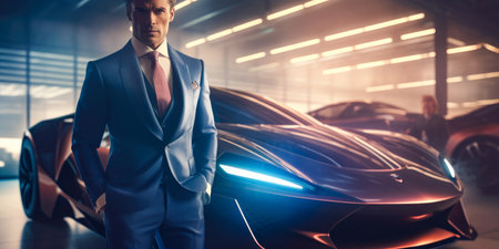 Handsome man in suit standing in front of luxury sports carの素材