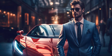 Photo for Handsome young man in suit and sunglasses is standing near his luxury car. - Royalty Free Image