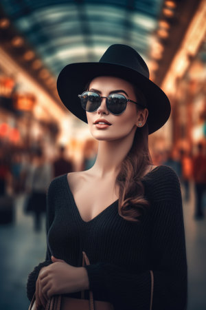Portrait of a beautiful young woman in black hat and sunglasses.の素材
