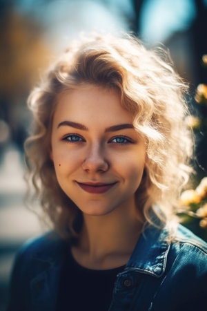 Portrait of a beautiful young girl with blond curly hair and blue eyes.の素材