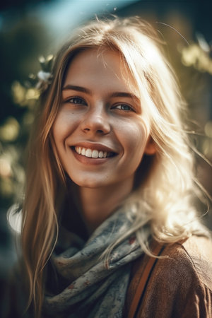 Portrait of a beautiful young woman with blond hair, smiling and looking at camera.の素材