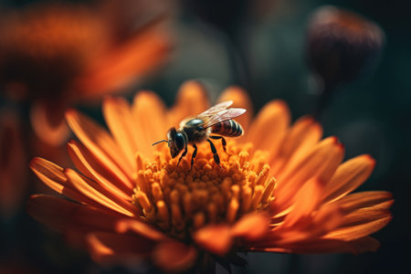 Bee on orange chrysanthemum flower in the garden.の素材