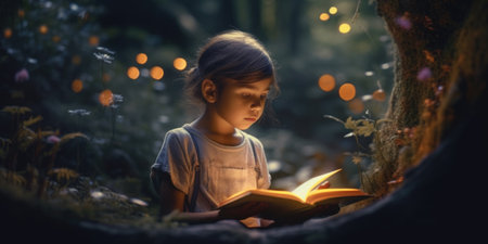 Cute little girl reading a book in the forest at night.の素材