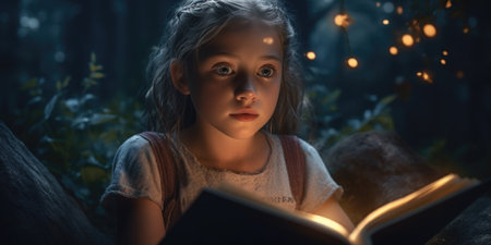 Cute little girl reading a book in the forest at night.の素材