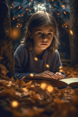 Girl reading a book in the autumn forest. The concept of reading and education.の素材