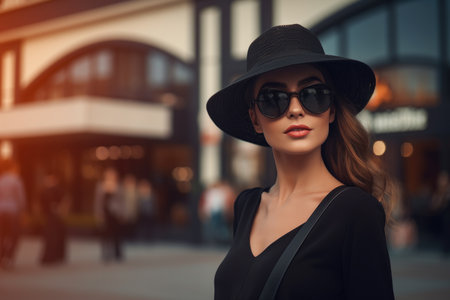 Beautiful young woman in black hat and sunglasses on the city streetの素材