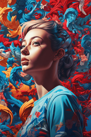 Beautiful young woman with creative hairstyle and make-up. Portrait of a girl on colorful floral background.の素材