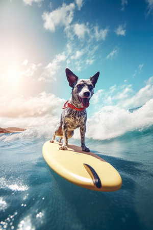 Surfer dog with surfboard on the ocean.の素材