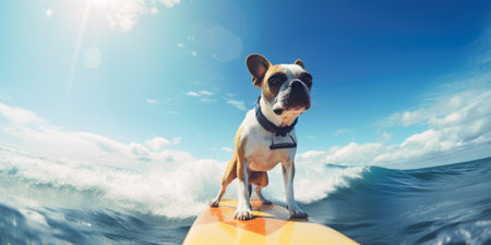 French bulldog on a paddle board on the background of the seaの素材