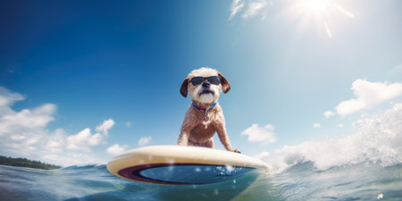 Cute dog on surfboard in the ocean. dog on surfboard.の素材