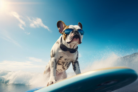 French bulldog surfing on the surfboard on the ocean with blue sky and clouds backgroundの素材