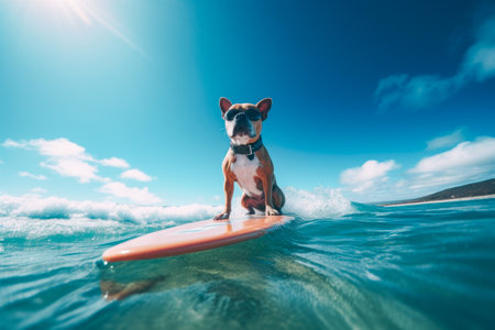 American Bull Terrier surfing on a surfboard in the sea.の素材