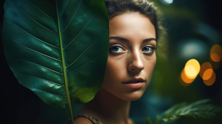 Portrait of a beautiful young woman with green leaf in her hairの素材