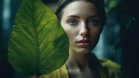 Portrait of beautiful young woman with green leaf in her hand.の素材