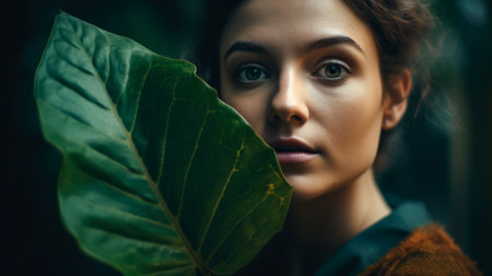 portrait of beautiful young woman with green leaf in hand looking at cameraの素材