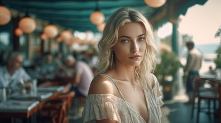 Portrait of a beautiful young woman in a cafe. Girl with blond hair.の素材