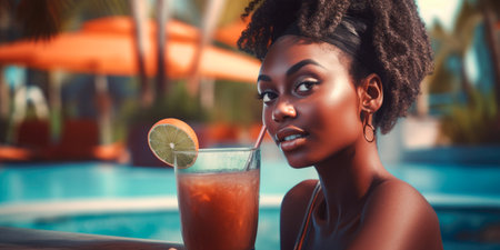 Portrait of beautiful young african american woman with cocktail at swimming poolの素材