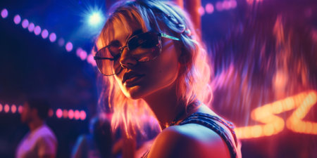 Portrait of a beautiful young woman in sunglasses on the background of neon lights.の素材